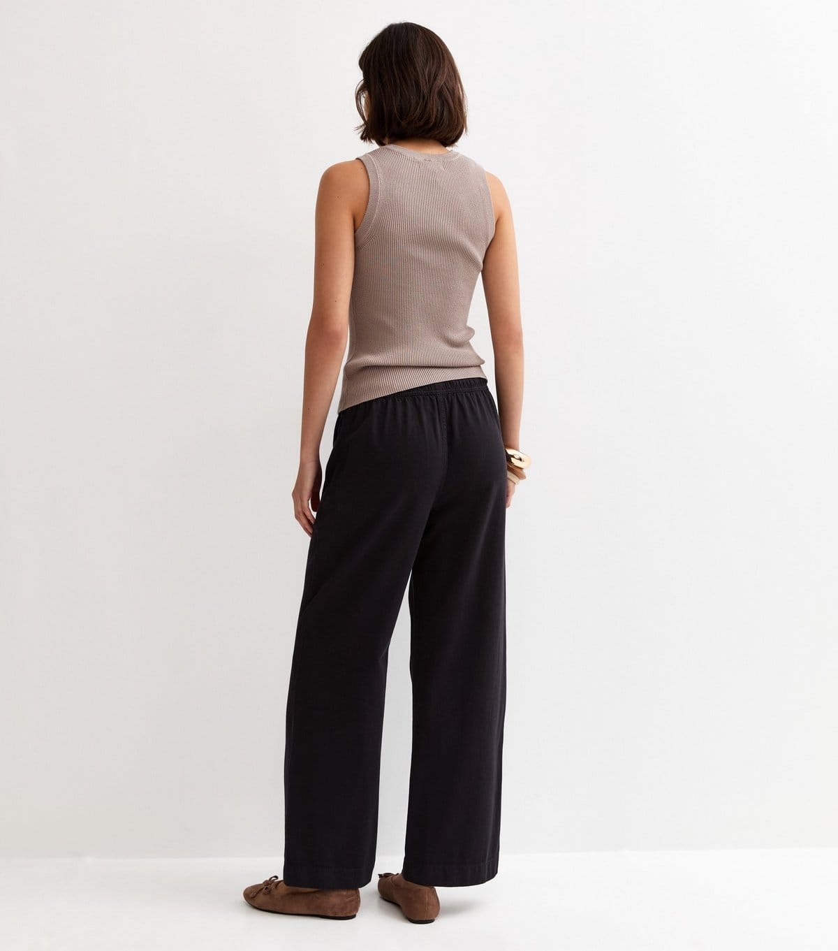 New Look Women's Black Cotton Twill Drawstring Wide Leg Trousers New Look - 4