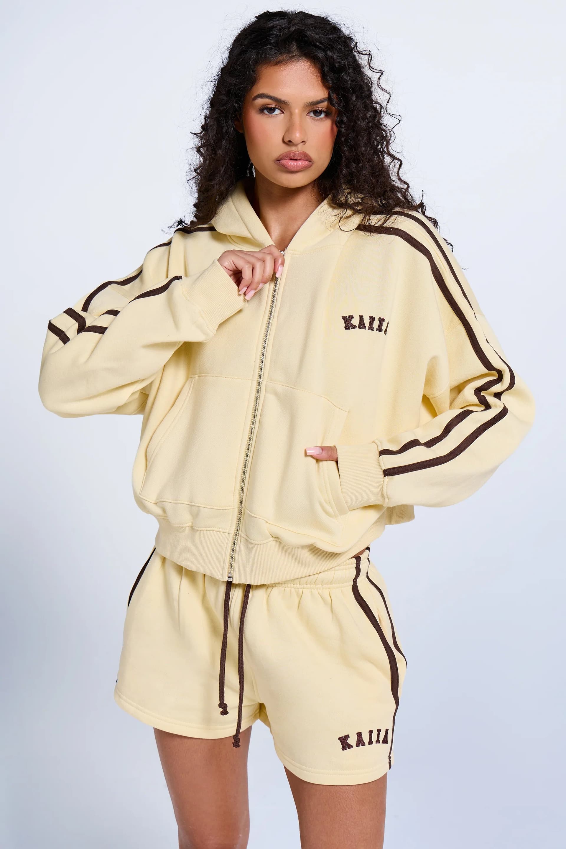 Kaiia Kaiia Sport Side Stripe Oversized Zip Through Hoodie Butter Yellow & Brown