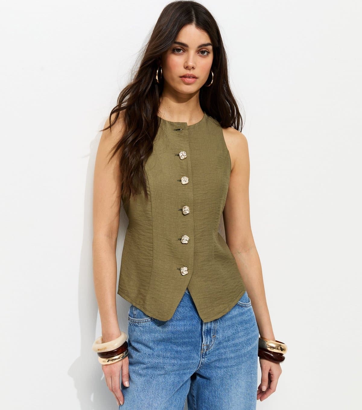 New Look Women's Khaki Gold Tone Textured Buttons Waistcoat New Look
