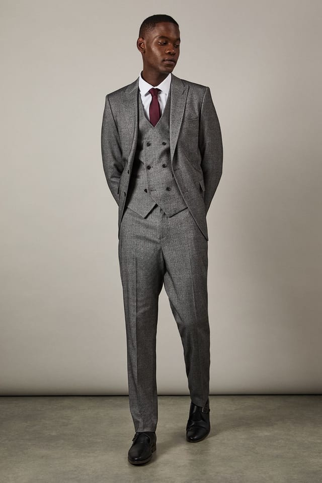 Burton Burton Men's Grey Tweed Look Herringbone Slim Fit Suit Jacket - 2