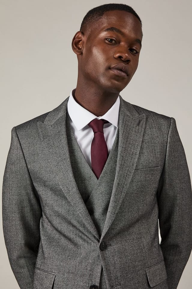 Burton Burton Men's Grey Tweed Look Herringbone Slim Fit Suit Jacket - 3