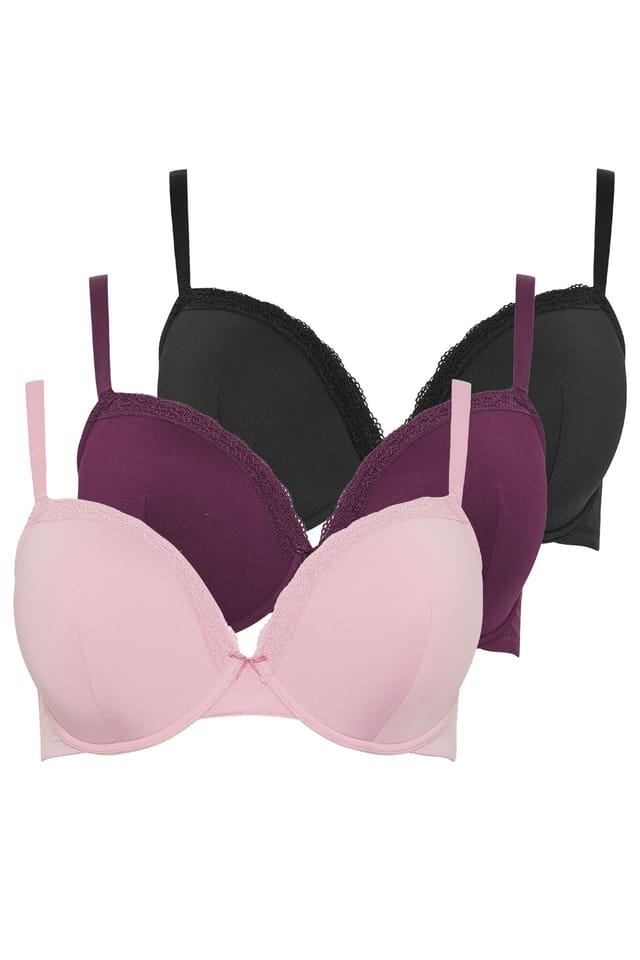 Yours Yours Women's 3 Pack Lace Trim Padded T-Shirt Bras in Purple - 2