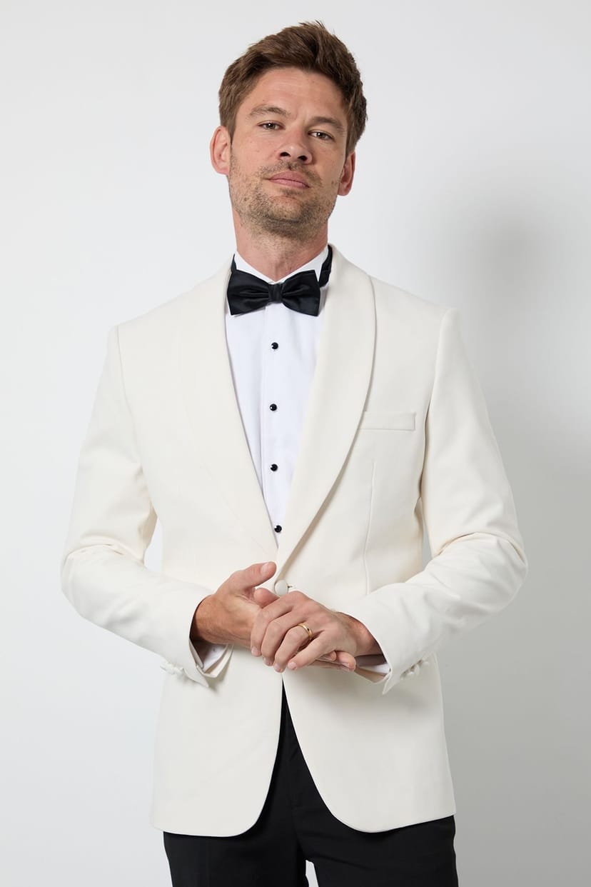 Burton Burton Men's Ivory Shawl Collar Slim Fit Tuxedo Jacket in Off-White - 1