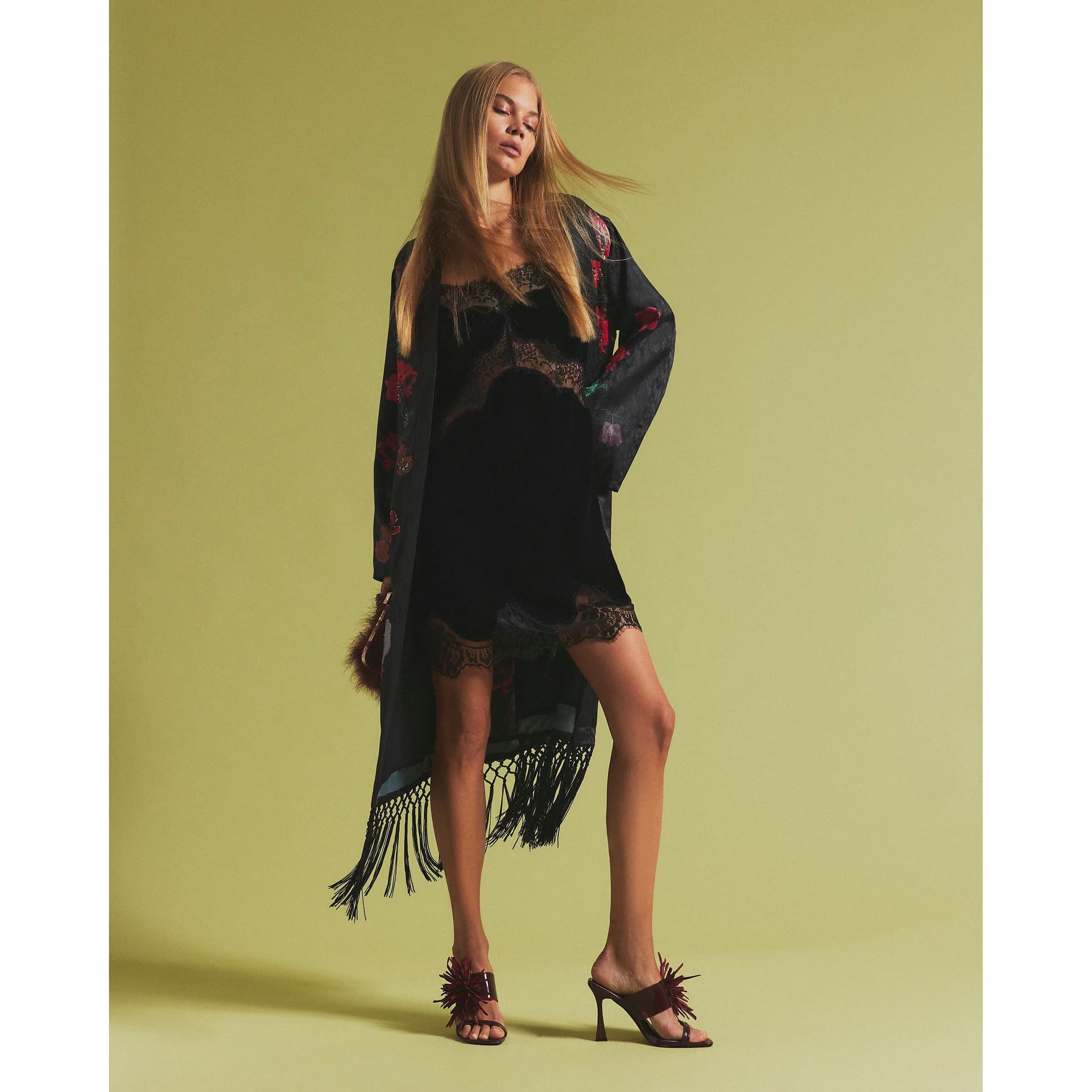 River Island River Island Womens Black Floral Embroidered Fringed Kimono