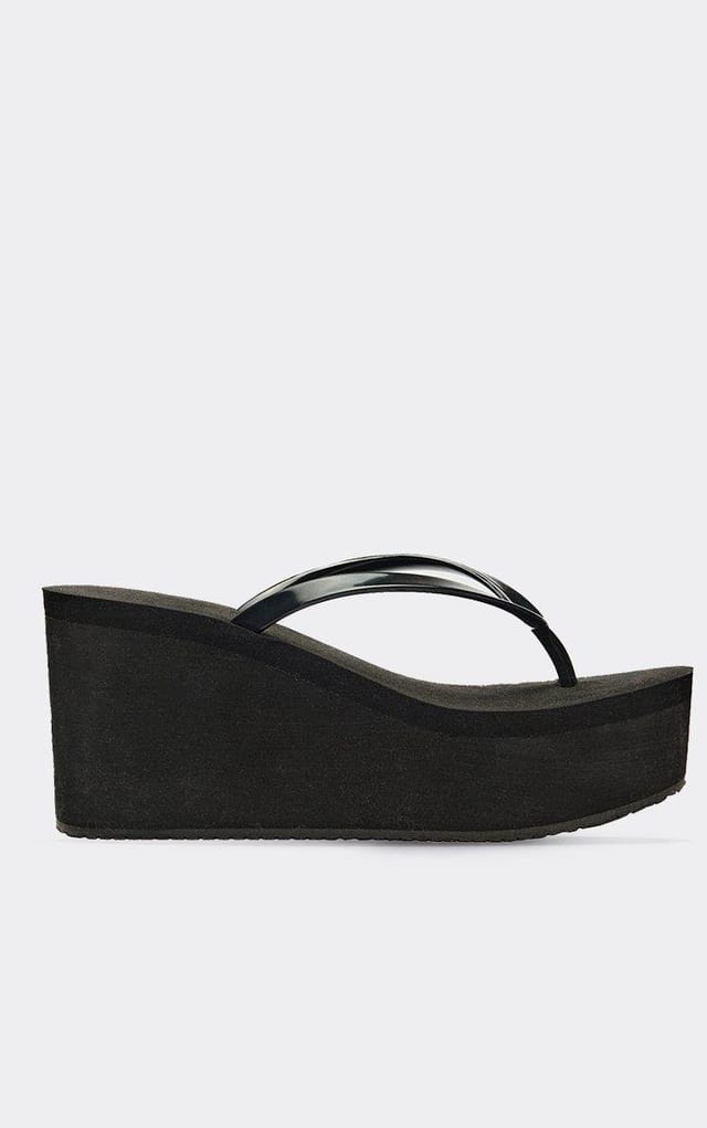 EGO Hotter Thong Strap Platform Wedge Heeled Mule In Black Faux Leather, Women's Size UK 3 - 2