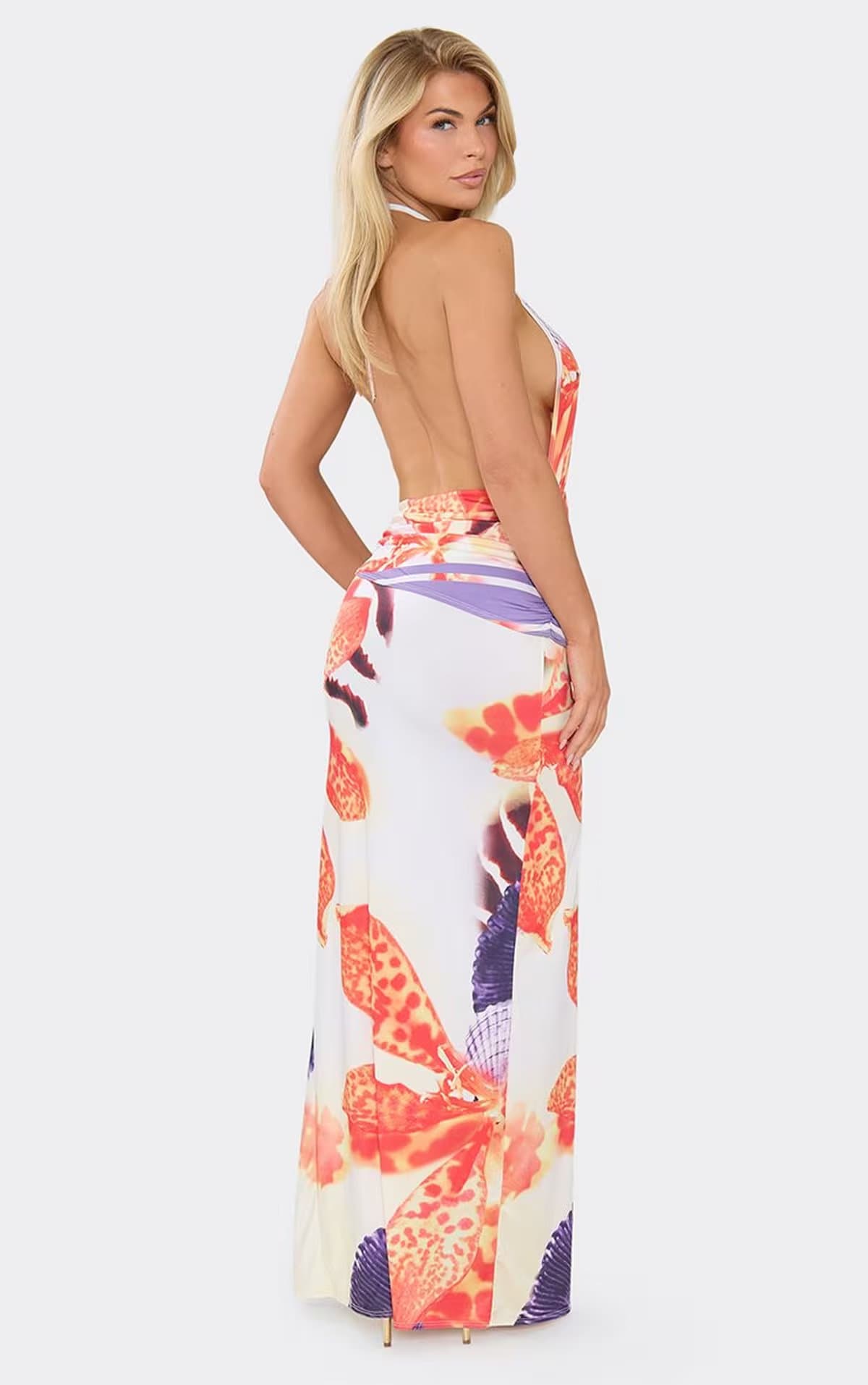 EGO Halterneck Plunge Front Side Split Maxi Dress In Multi Abstract Print, Women's Size UK 6