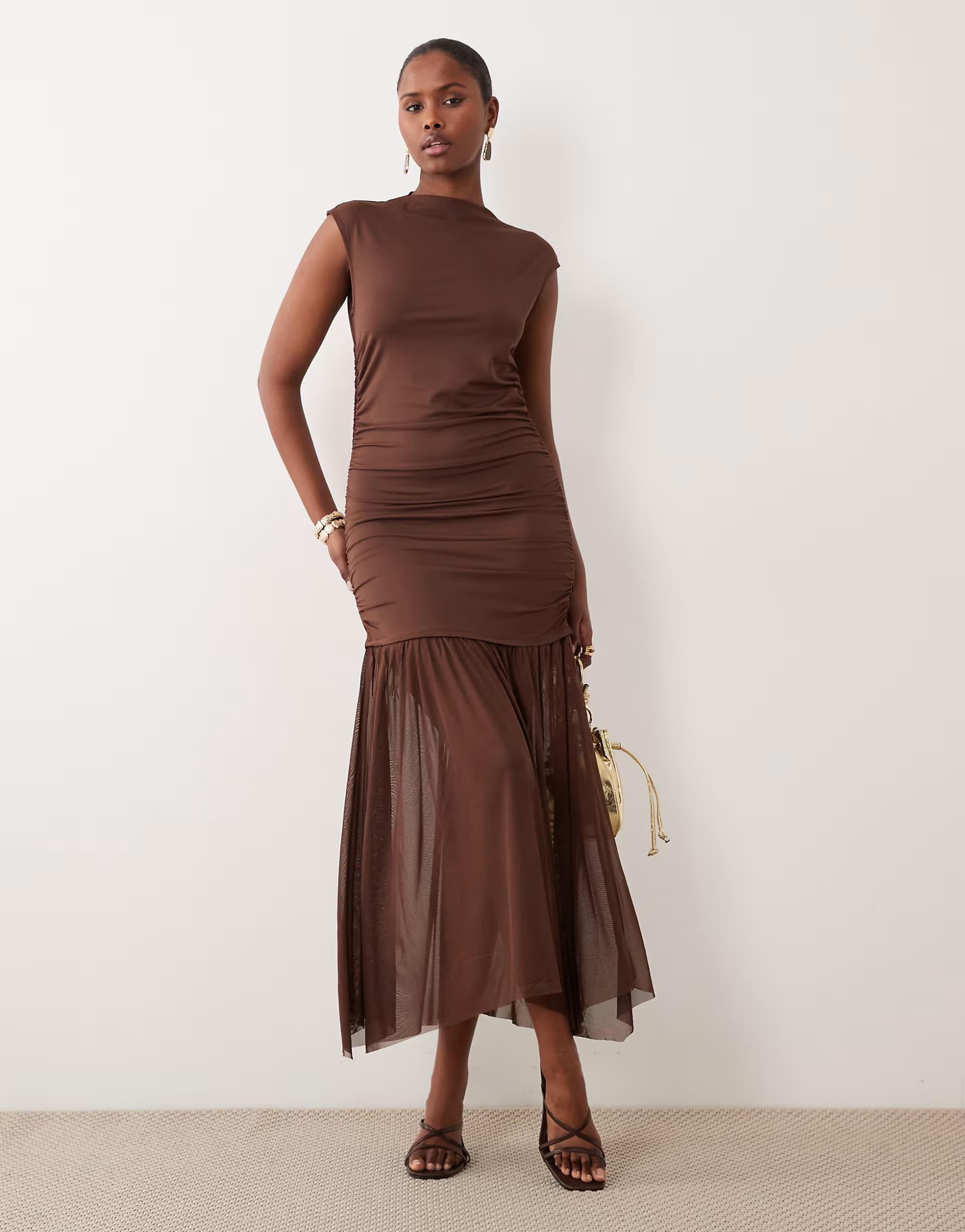 ASOS Vila high neck slinky maxi dress in chocolate brown