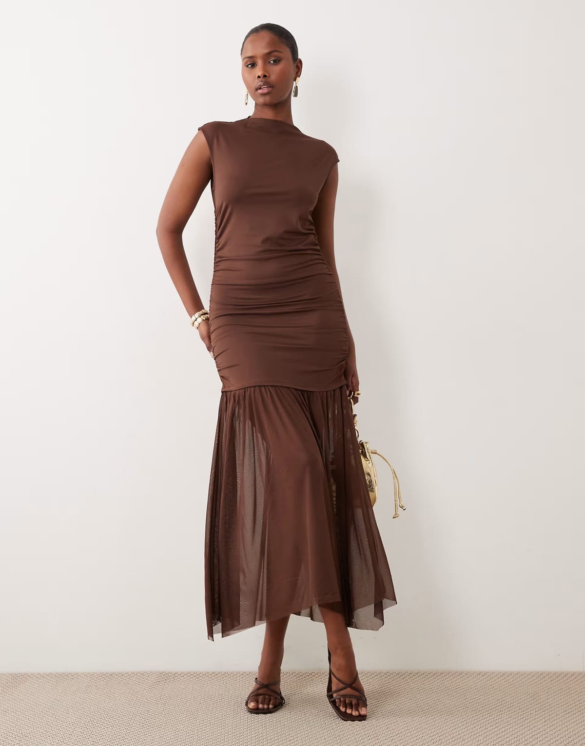 ASOS Vila high neck slinky maxi dress in chocolate brown - 1