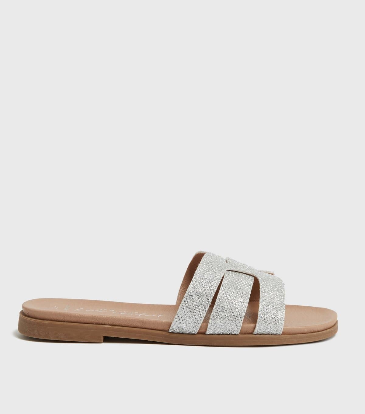 New Look Women's Wide Fit Silver Metallic Footbed Sliders Vegan New Look