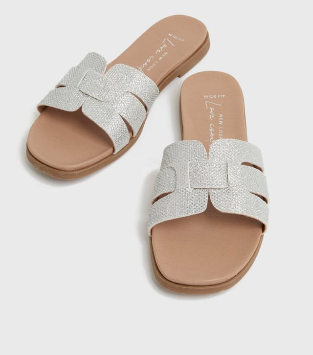 New Look Women's Wide Fit Silver Metallic Footbed Sliders Vegan New Look - 3