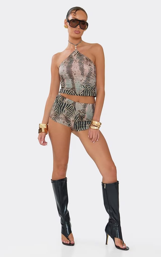 EGO Mini Shorts In Brown Zebra Abstract Print, Women's Size UK 6 - 2