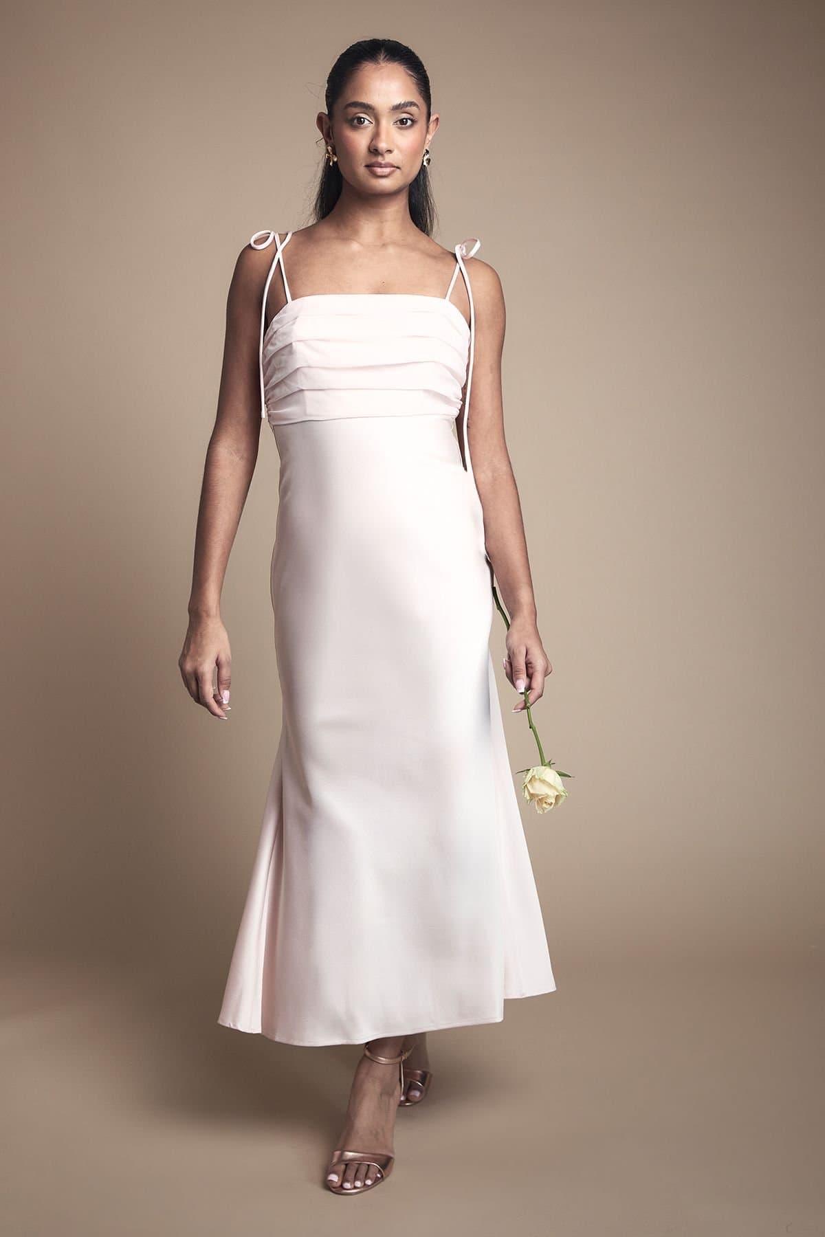 Oasis Oasis Women's Satin Chiffon Mix Tie Shoulder Bridesmaid Midi Dress in Blush