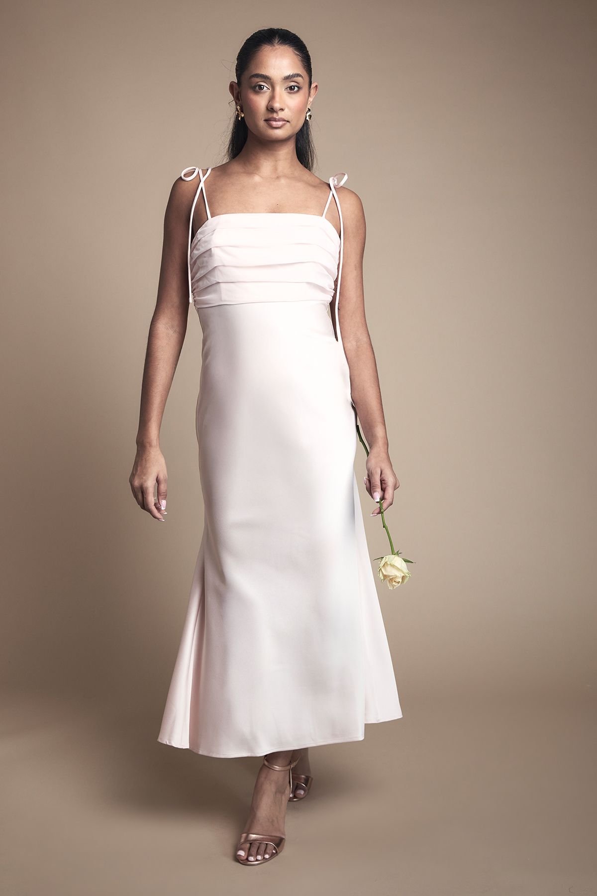 Oasis Oasis Women's Satin Chiffon Mix Tie Shoulder Bridesmaid Midi Dress in Blush - 2