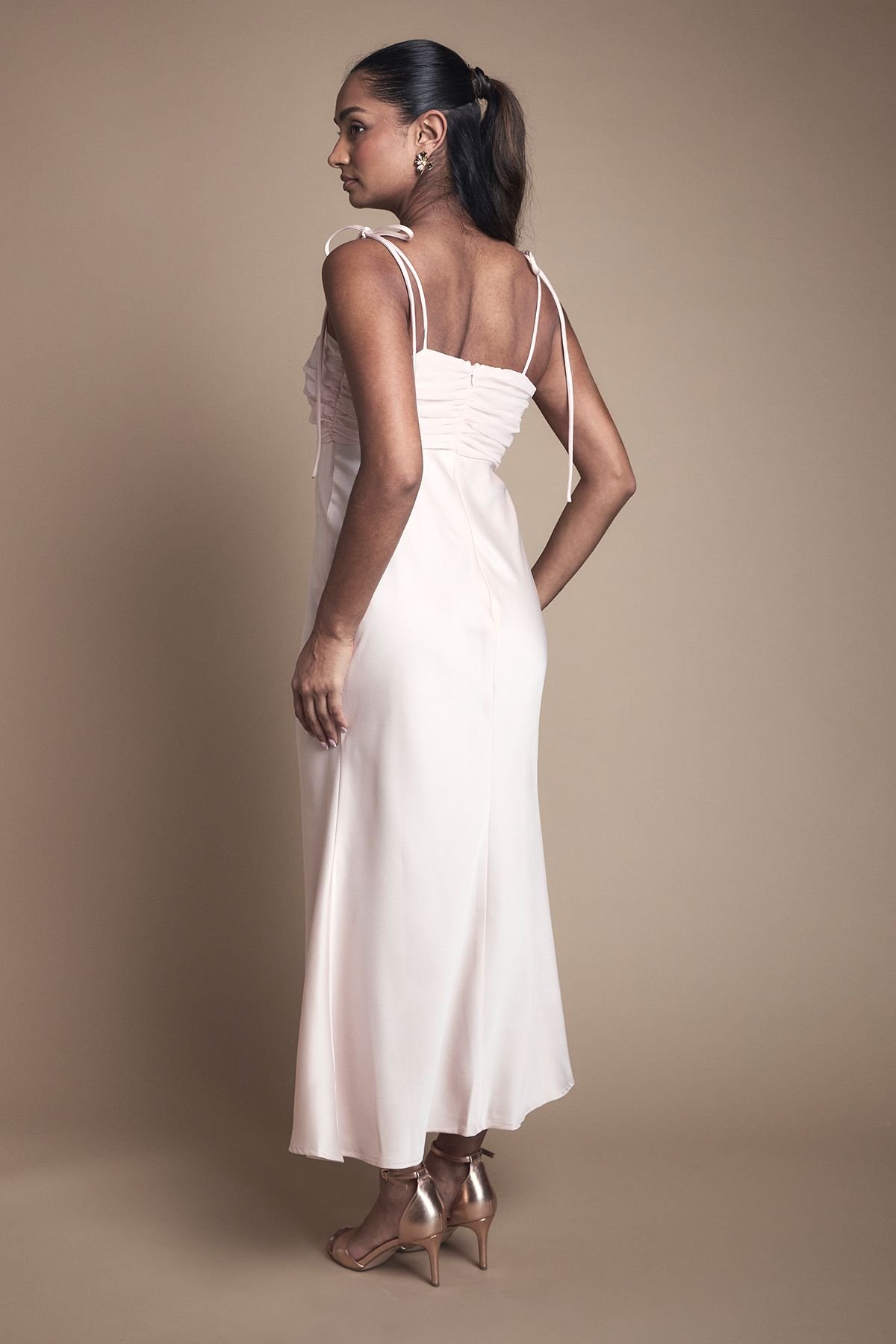 Oasis Oasis Women's Satin Chiffon Mix Tie Shoulder Bridesmaid Midi Dress in Blush - 3