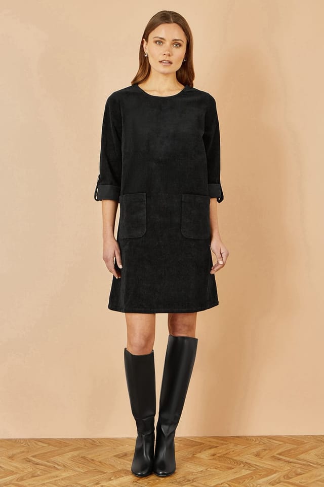 Yumi Yumi Women's Black Cord Tunic Dress With 3/4 Sleeves & Pockets - 3