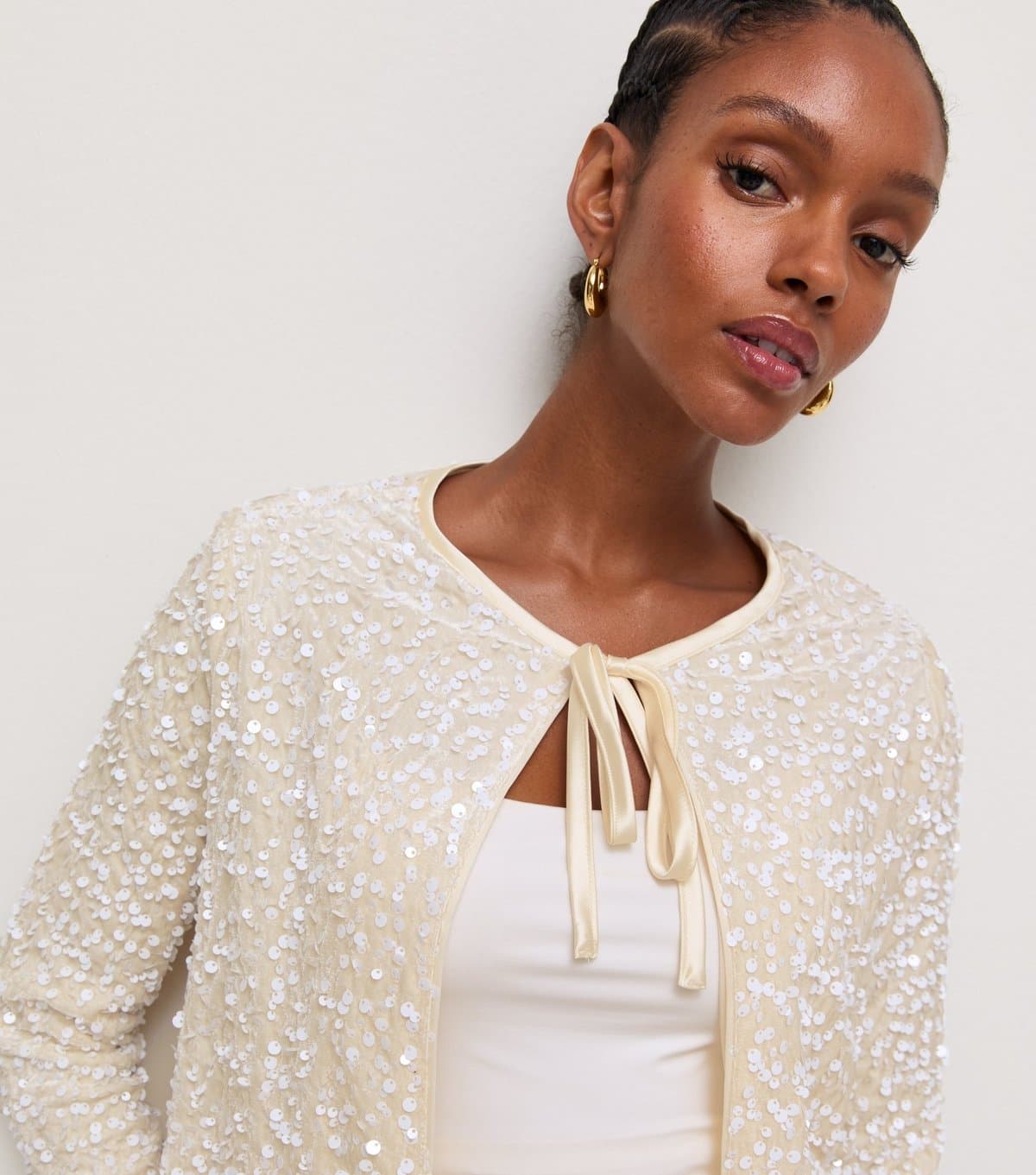 New Look Women's Cream Sequin Front Tie Jacket New Look