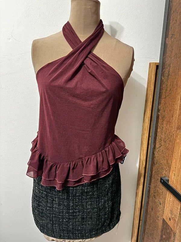 ASOS Design twist halter neck ruffle top in burgundy wine size 10