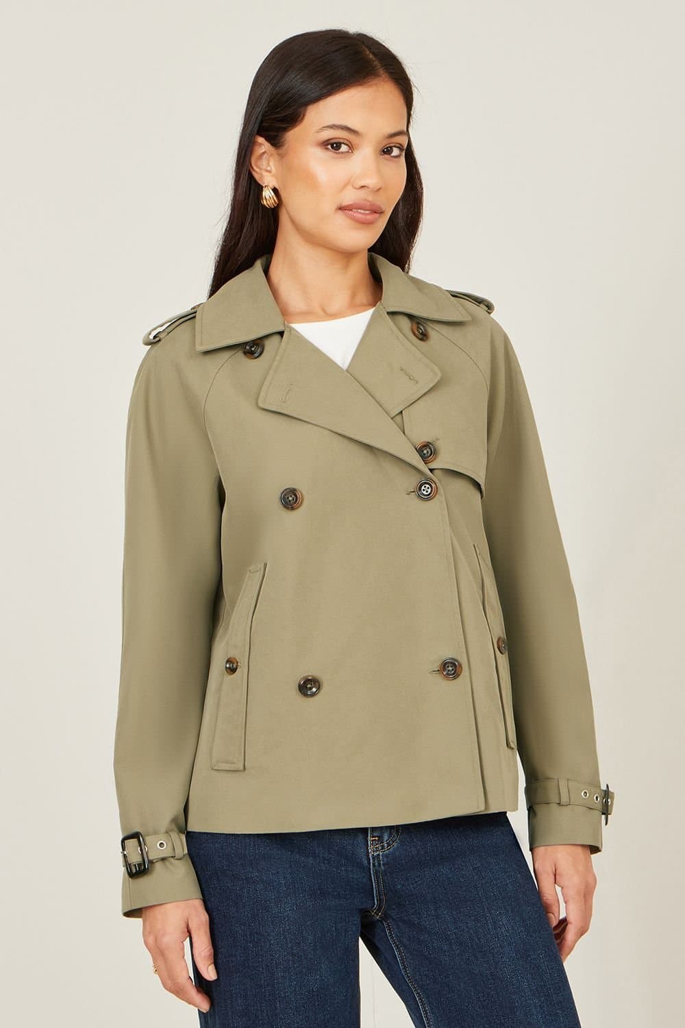 Yumi Yumi Women's Green Cropped Trench Jacket With Pockets & Check Lining