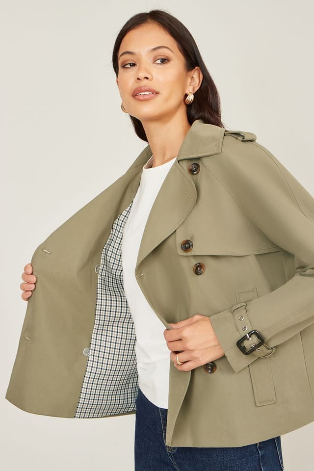 Yumi Yumi Women's Green Cropped Trench Jacket With Pockets & Check Lining - 2