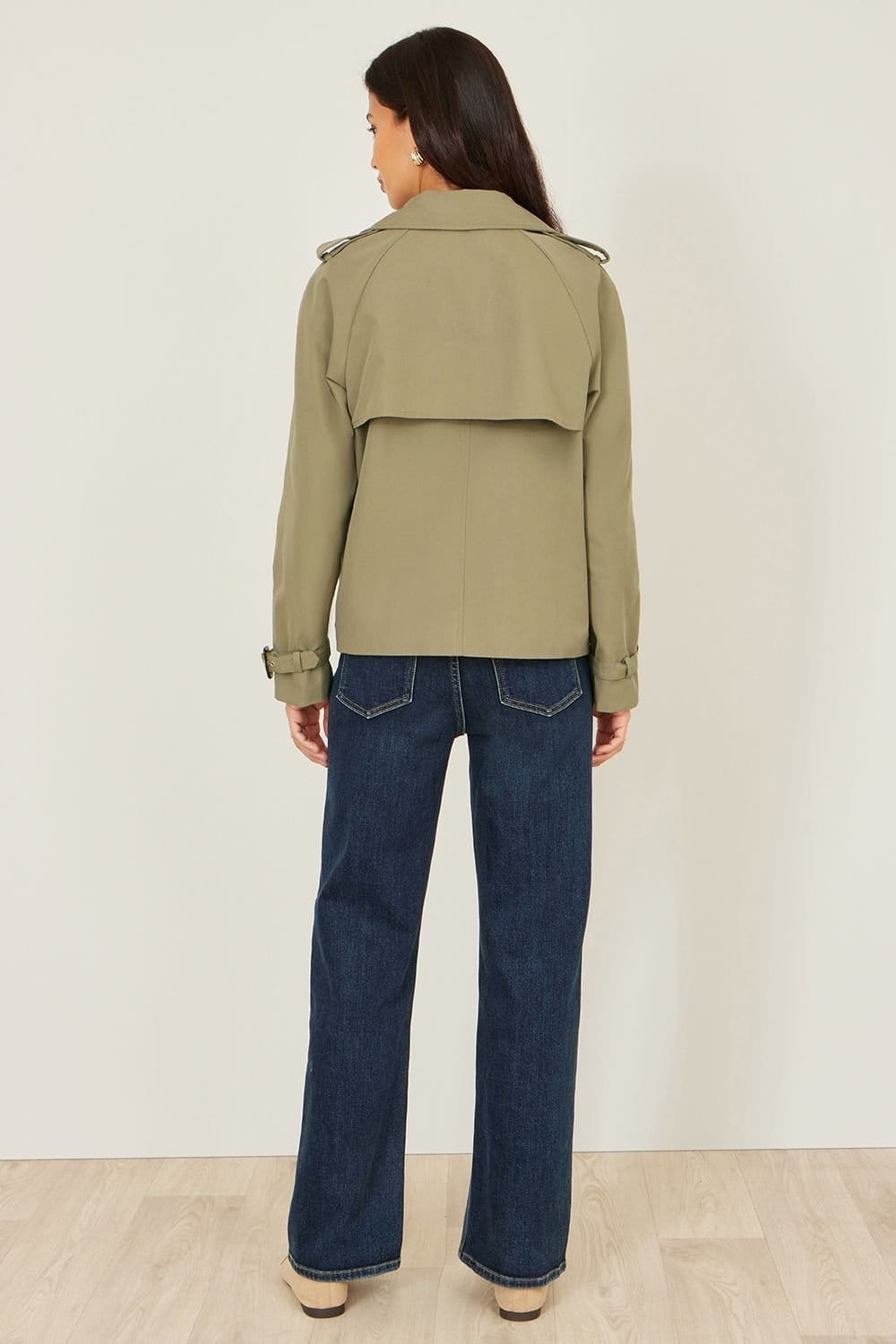 Yumi Yumi Women's Green Cropped Trench Jacket With Pockets & Check Lining - 4