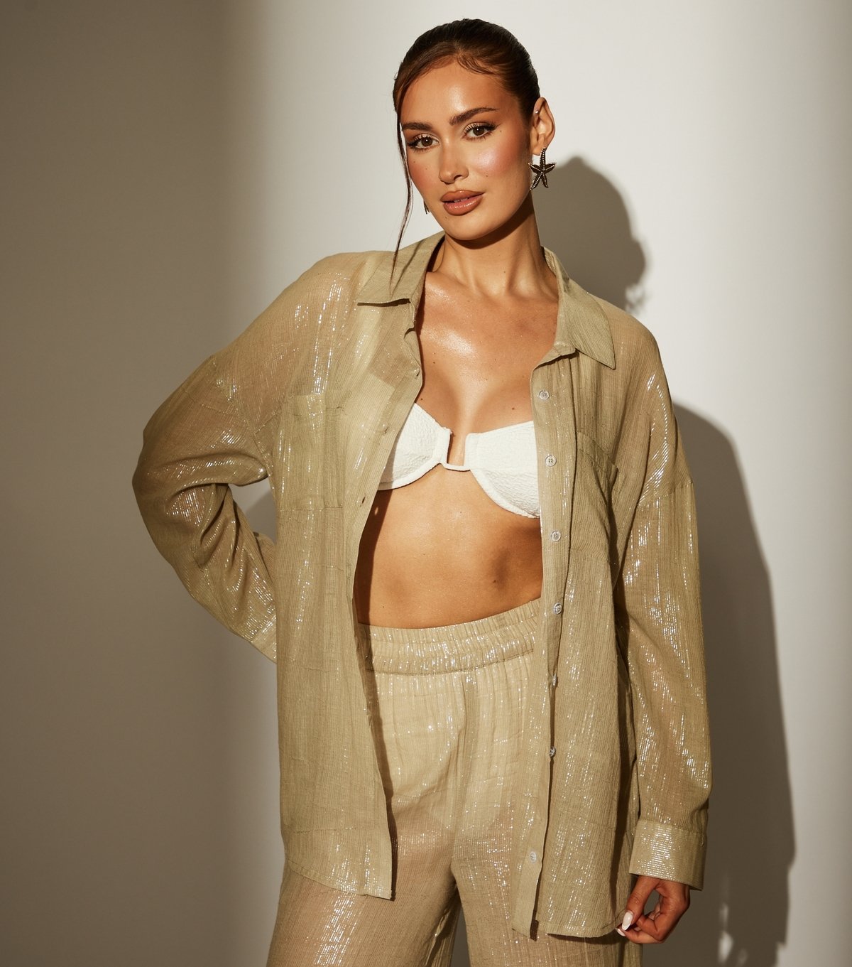 South Beach Women's Khaki Metallic Long Sleeve Shirt South Beach New Look - 1