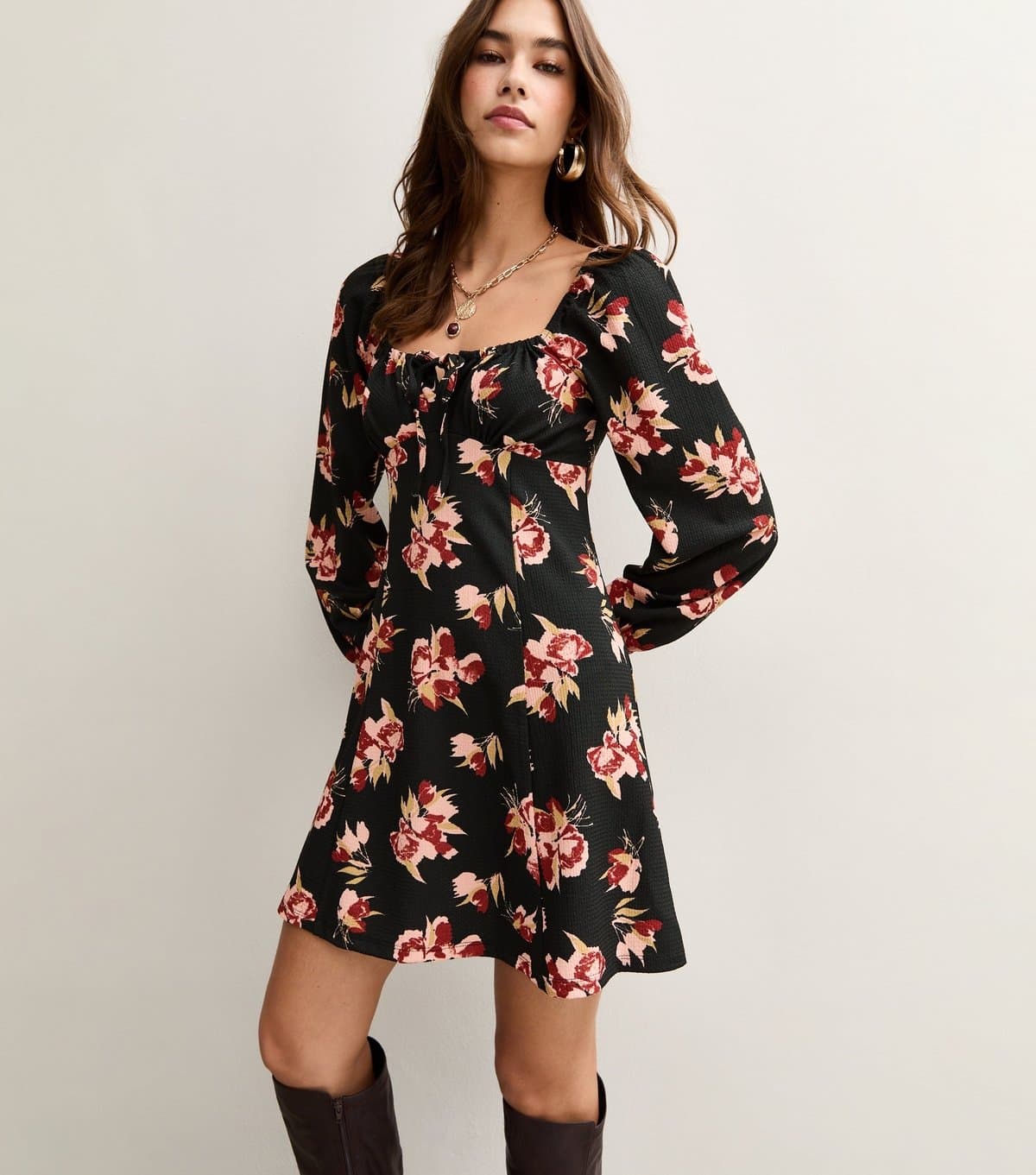 New Look Women's Black Long Sleeve Floral Print Milkmaid Mini Dress New Look