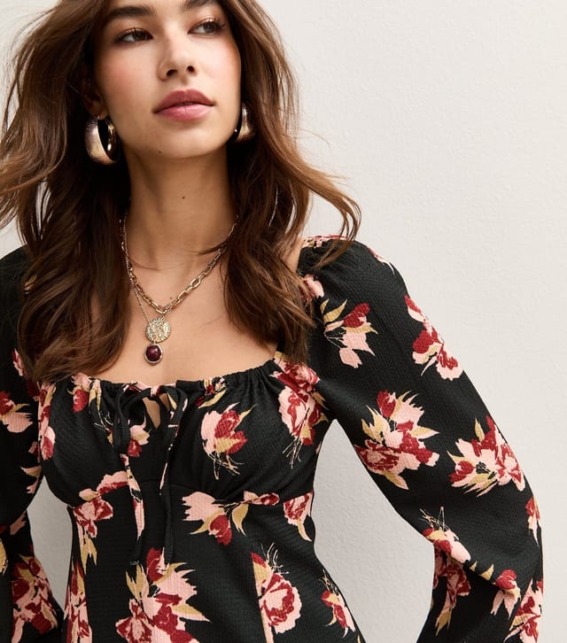 New Look Women's Black Long Sleeve Floral Print Milkmaid Mini Dress New Look - 2