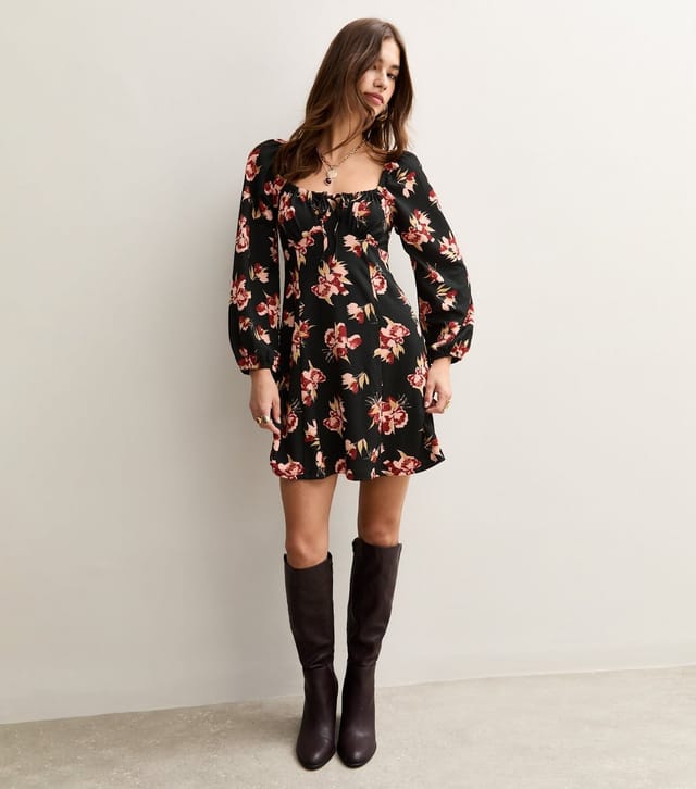 New Look Women's Black Long Sleeve Floral Print Milkmaid Mini Dress New Look - 3