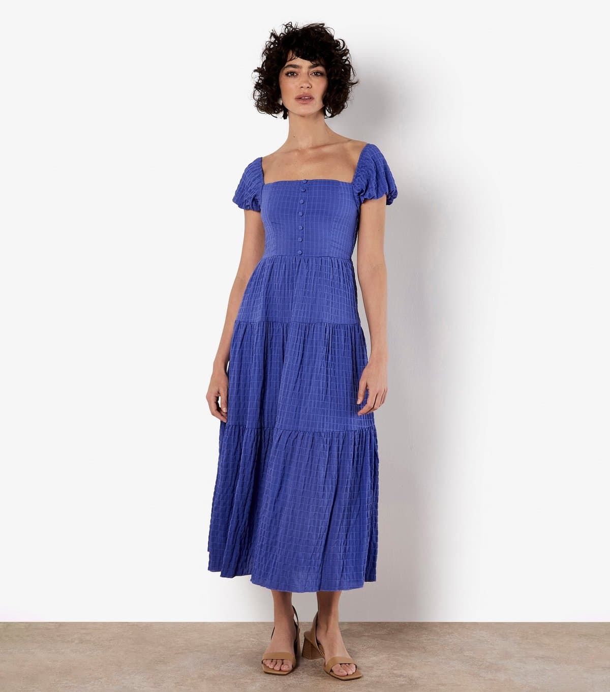 Apricot Women's Blue Checked Puff Sleeve Midi Dress Apricot New Look