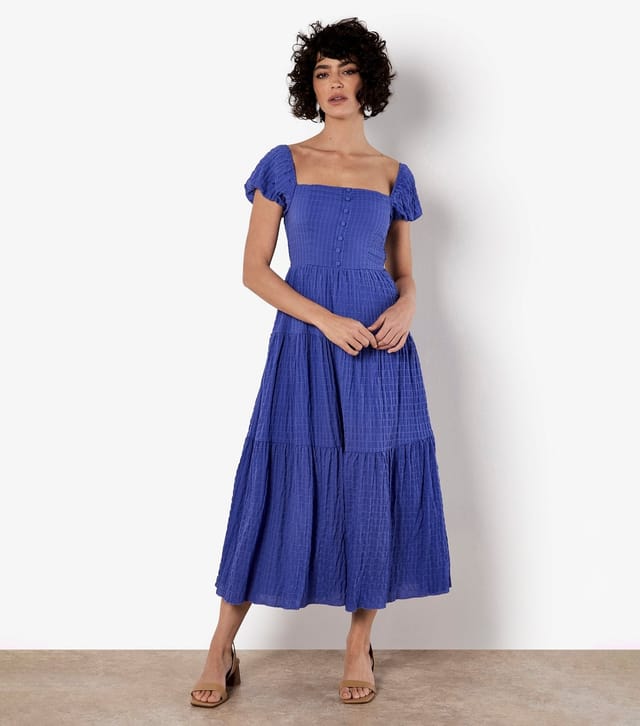 Apricot Women's Blue Checked Puff Sleeve Midi Dress Apricot New Look - 2