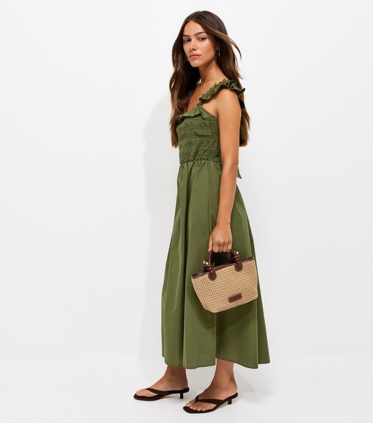 New Look Women's Petite Dark Khaki Cotton Tie Back Shirred Midi Dress New Look