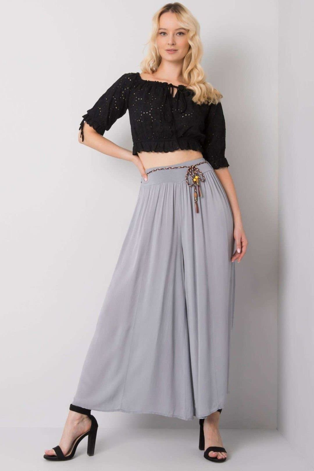 Love Lace Love Lace Women's Wide Leg Elastic Waist Trousers with Belt Style 183480 in Grey