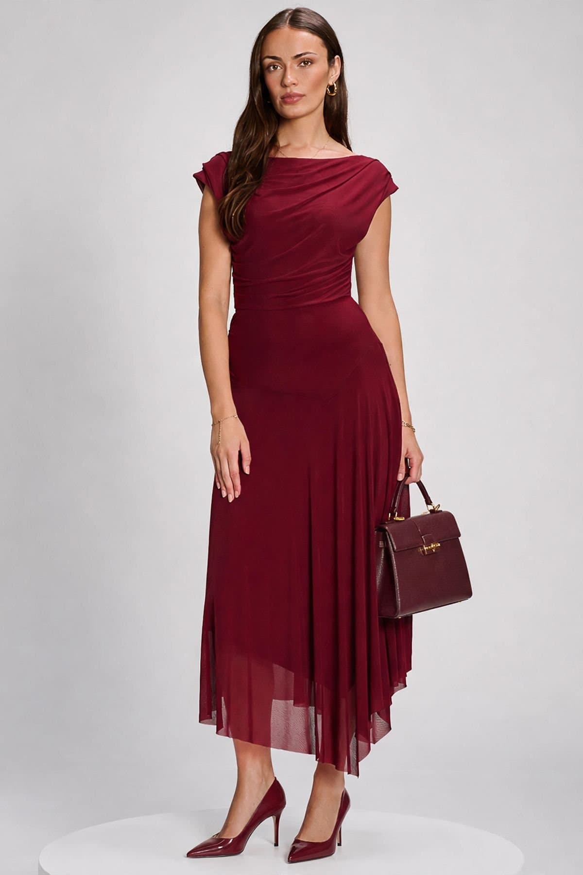 Jolie Moi Jolie Moi Women's Asymmetrical Draped Mesh Maxi Dress in Red