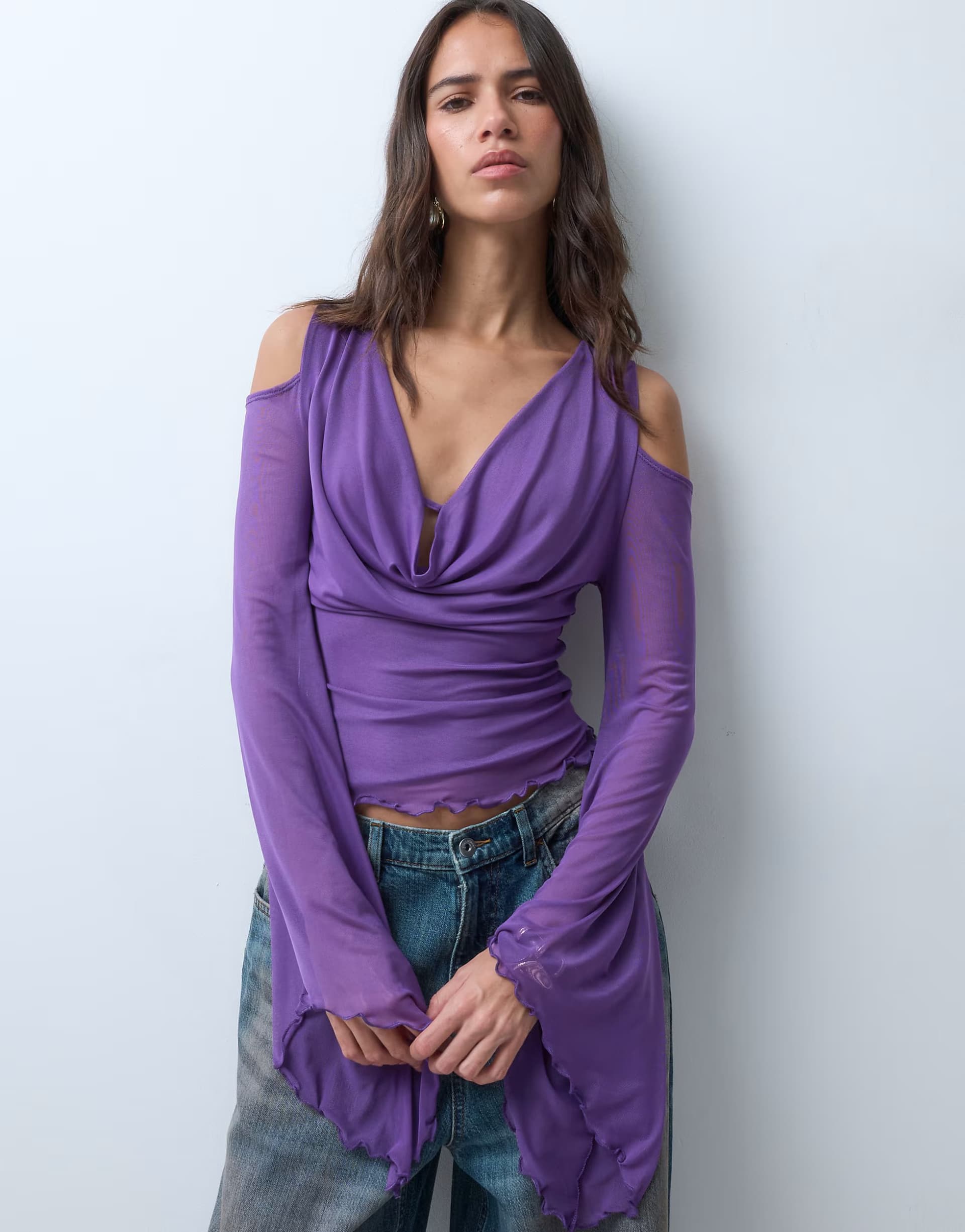 ASOS ASOS DESIGN cowl cold shoulder draped top in purple