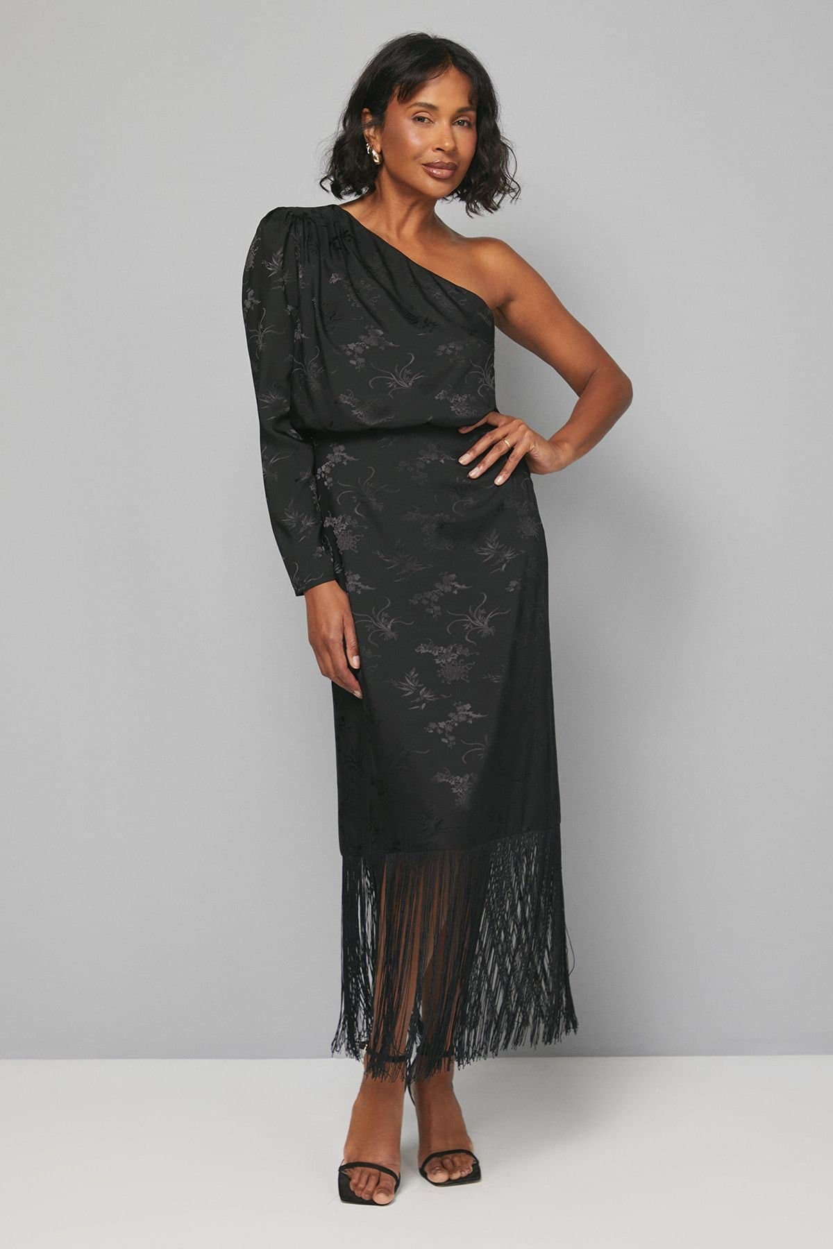 Wallis Wallis Women's Jacquard One Sleeve Fringe Dress in Black