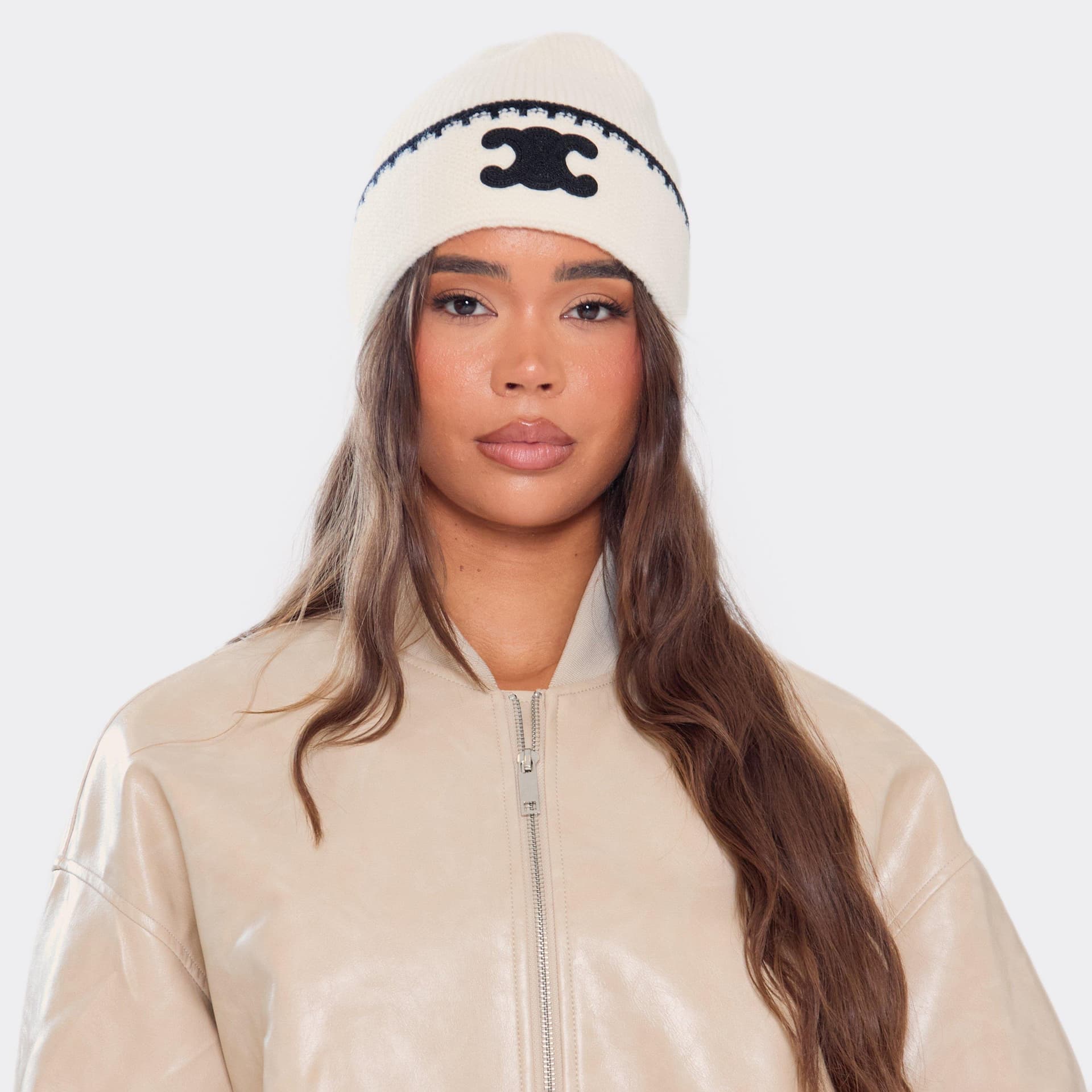 EGO EGO Cream Knit Logo Beanie Hat