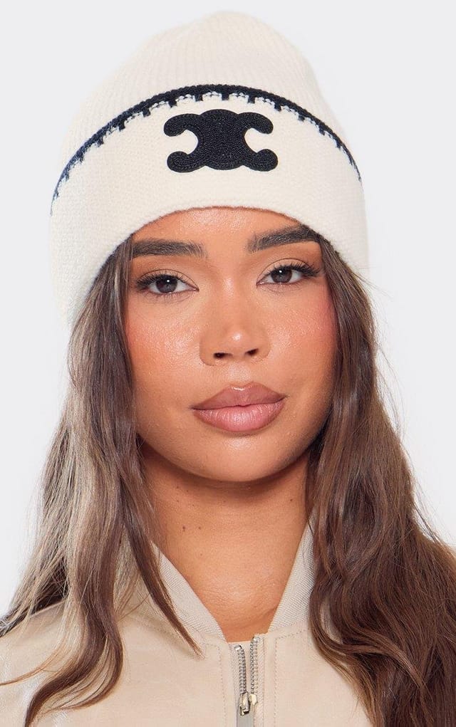 EGO Logo Detail Contrast Trim Beanie Hat In Cream Knit, Women's Size UK 0 - 2