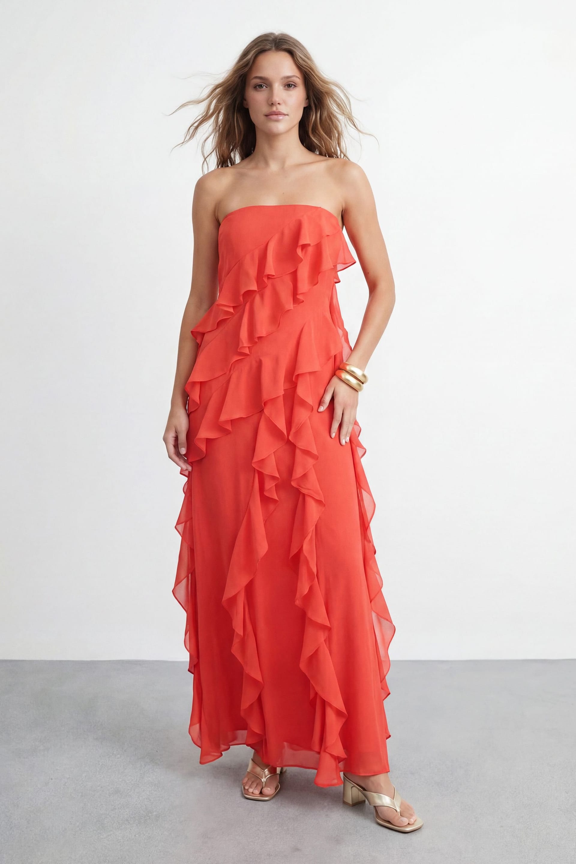 Warehouse Women's Bandeau Layered Ruffle Maxi Dress in Orange