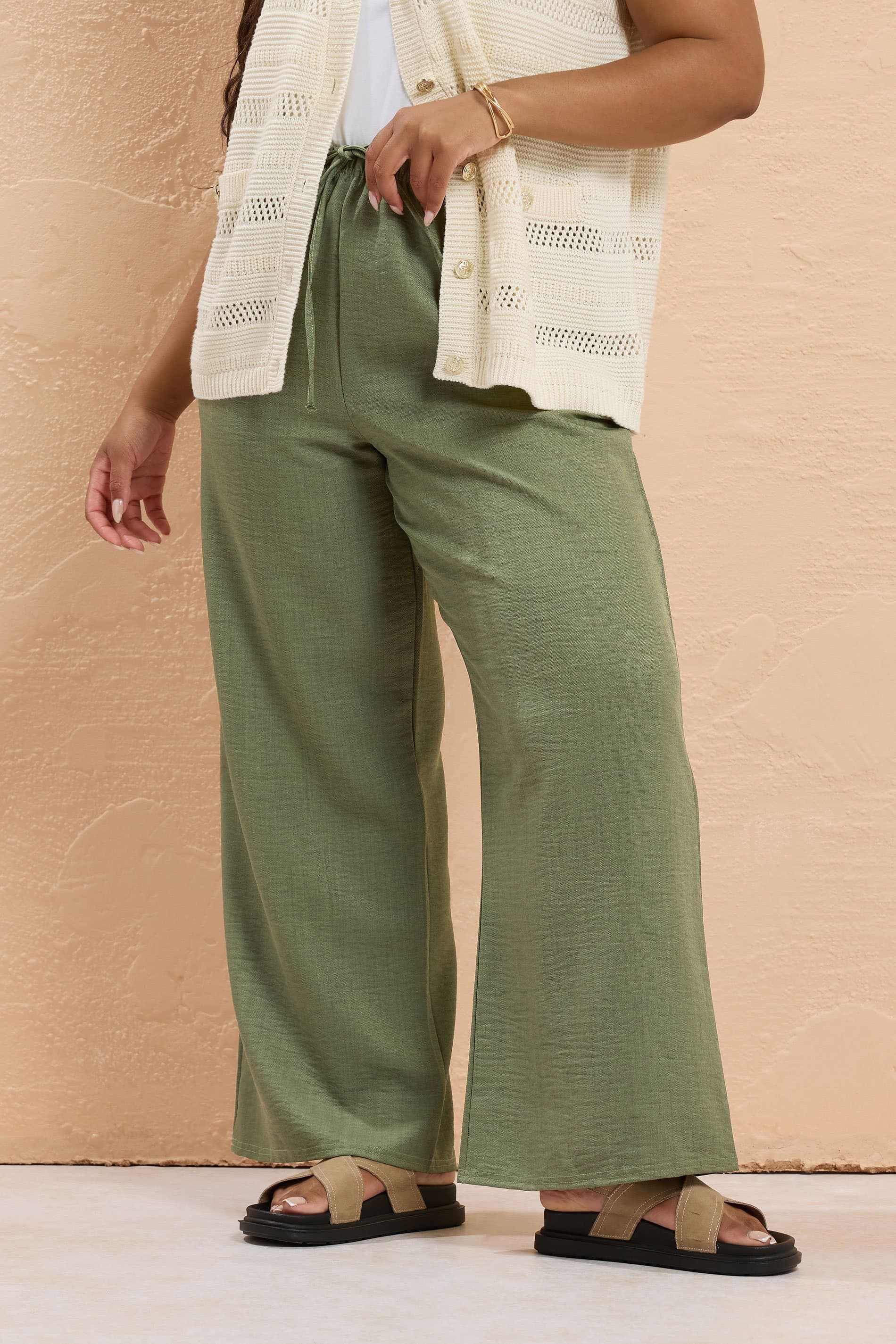 Yours Plus Size Khaki Green Linen Look Wide Leg Trousers