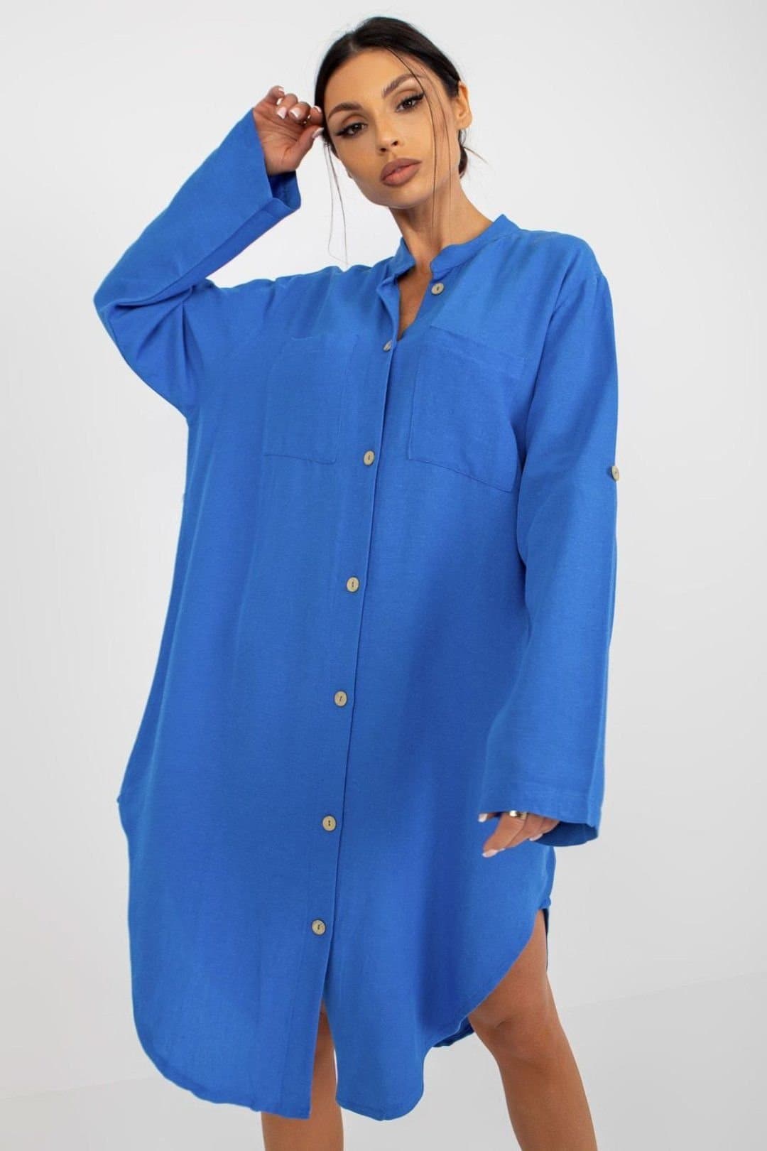 Love Lace Love Lace Women's Shirt Button Down Long Sleeve Pocket Dress in Blue