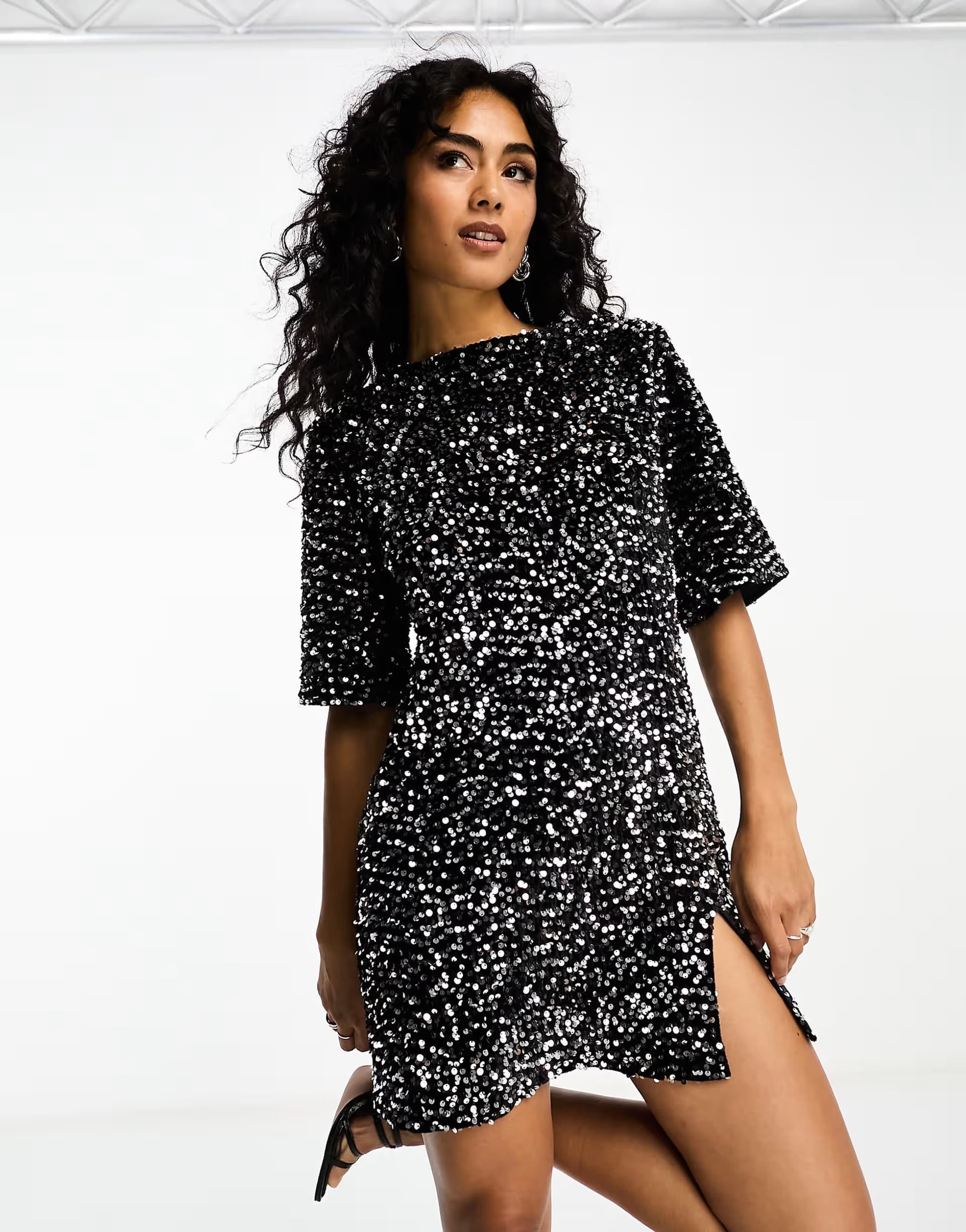 ASOS 4th & Reckless sequin low tie back mini dress in black