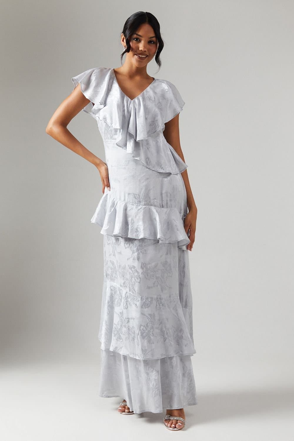 Coast Coast Women's Satin Jacquard Ruffle Detail Bridesmaid Dress in Silver