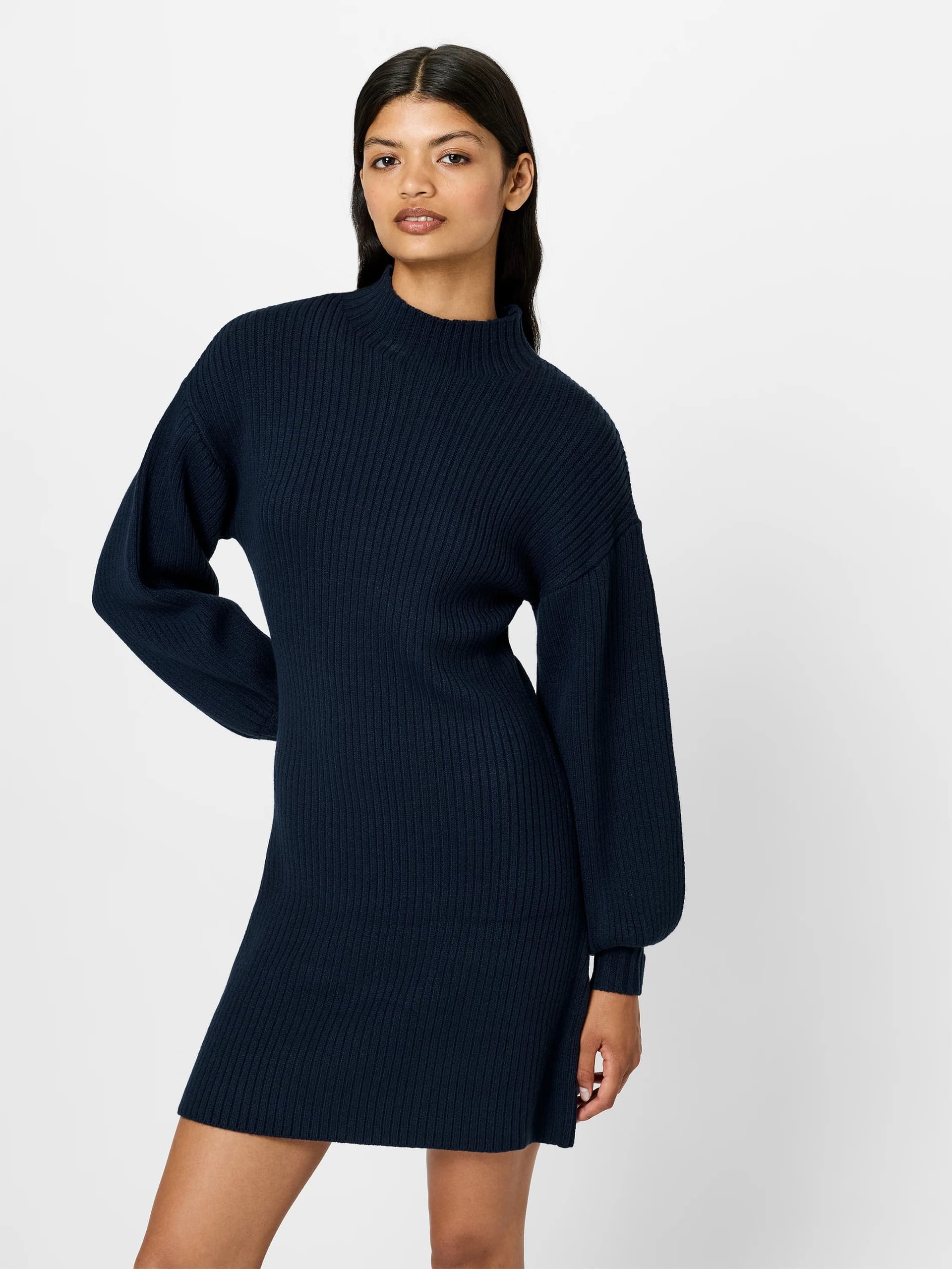 French Connection Myla Babysoft Navy Ribbed Knit Mini Dress Midnight Blue