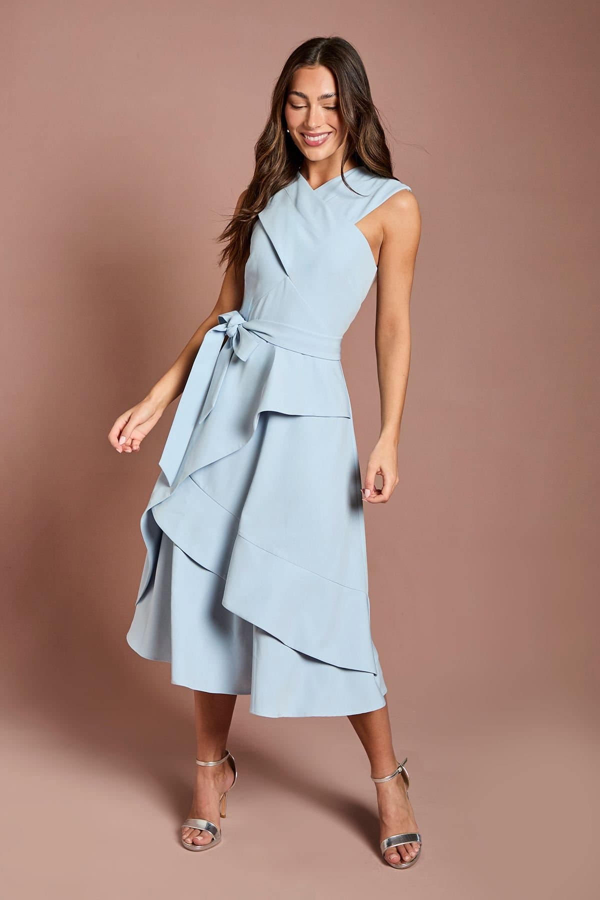 Coast Coast Women's Cross Neck Bardot Crepe Midi Dress in Light Blue