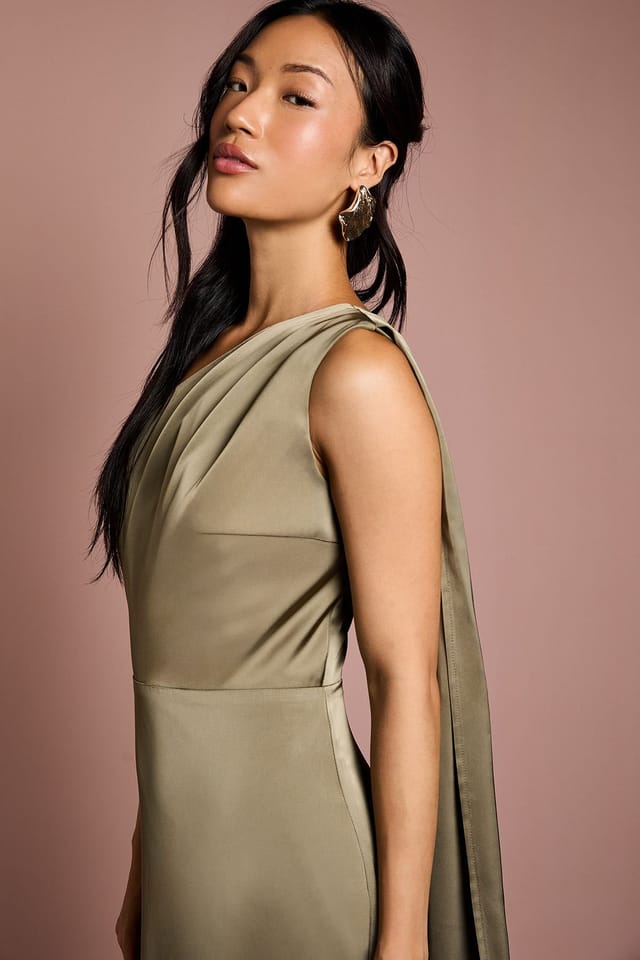 Coast Coast Women's Honoured Drape One Shoulder Satin Maxi Bridesmaid Dress in Olive - 2