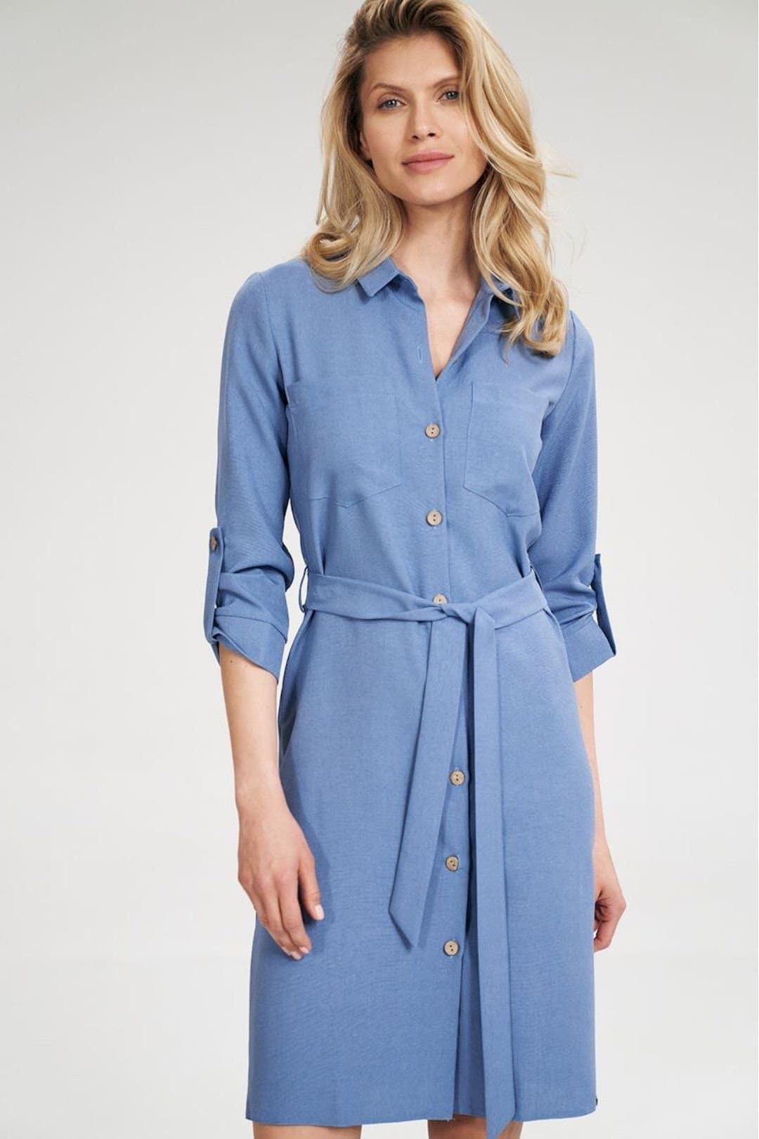 Love Lace Love Lace Women's Blue Long Shirt Dress Detachable Sleeves Tie Waist