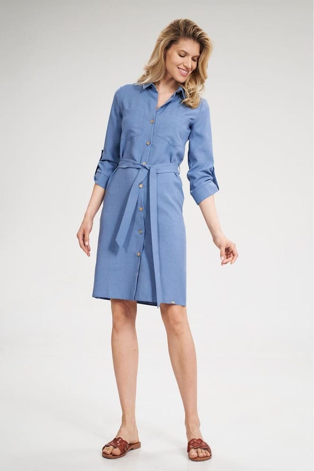 Love Lace Love Lace Women's Blue Long Shirt Dress Detachable Sleeves Tie Waist - 2