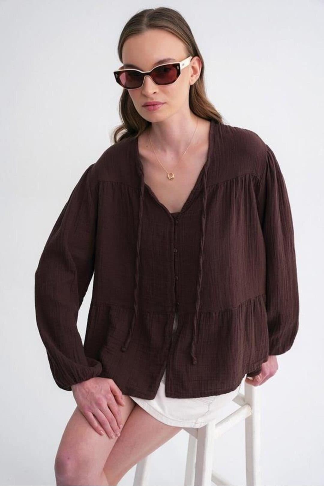 MixRay MixRay Women's Long Sleeve Relaxed Fit Blouse with Tie-Neck in Dark Brown