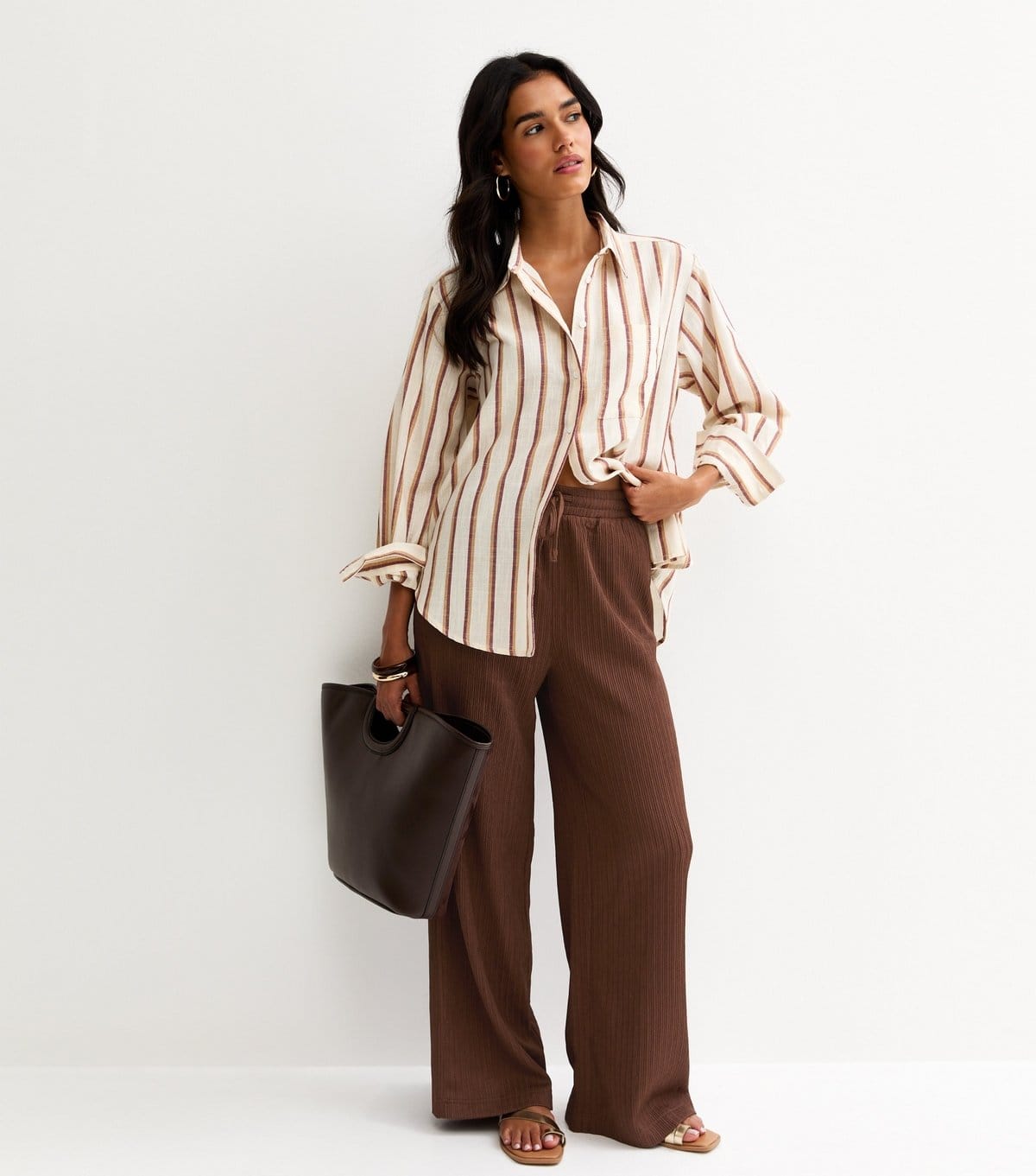 New Look Brown Textured Jersey Wide Leg Trousers