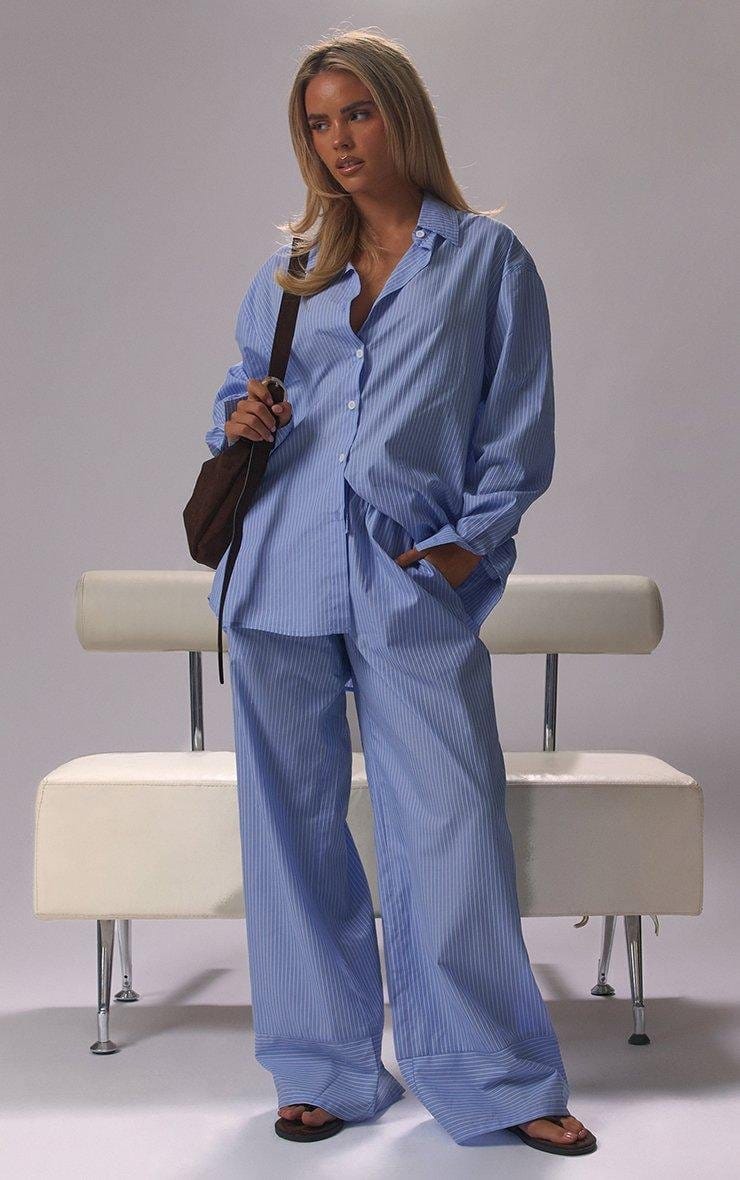 EGO Long Sleeve Oversized Poplin Shirt In Blue Stripe Crinkle, Women's Size UK 6 - 2